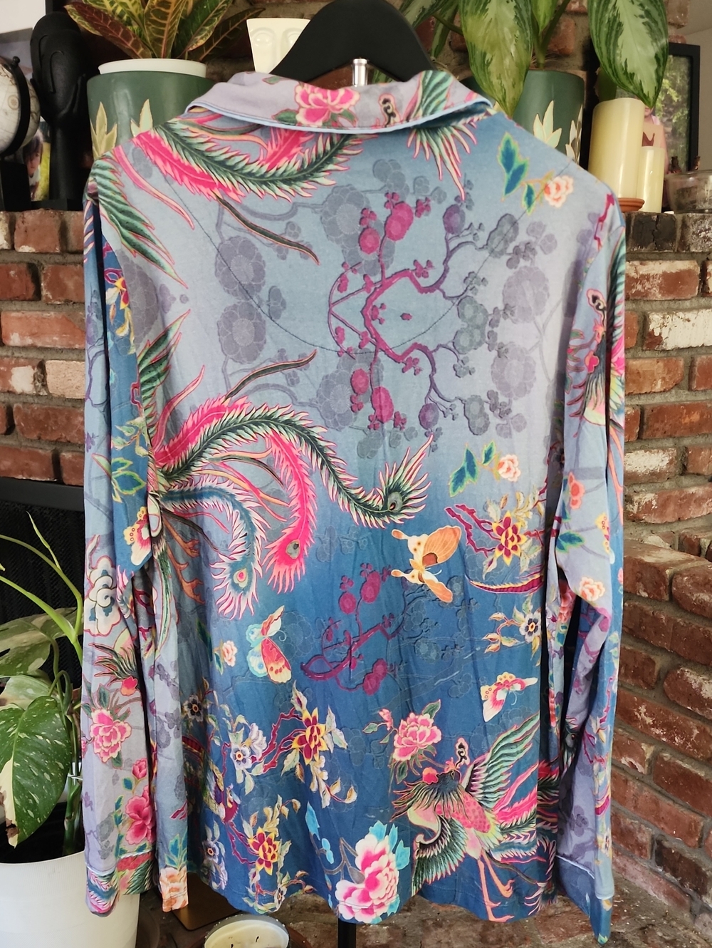 Johnny Was Phoenix Bird Floral Print Button Front Pajama Top - Picture 5 of 8